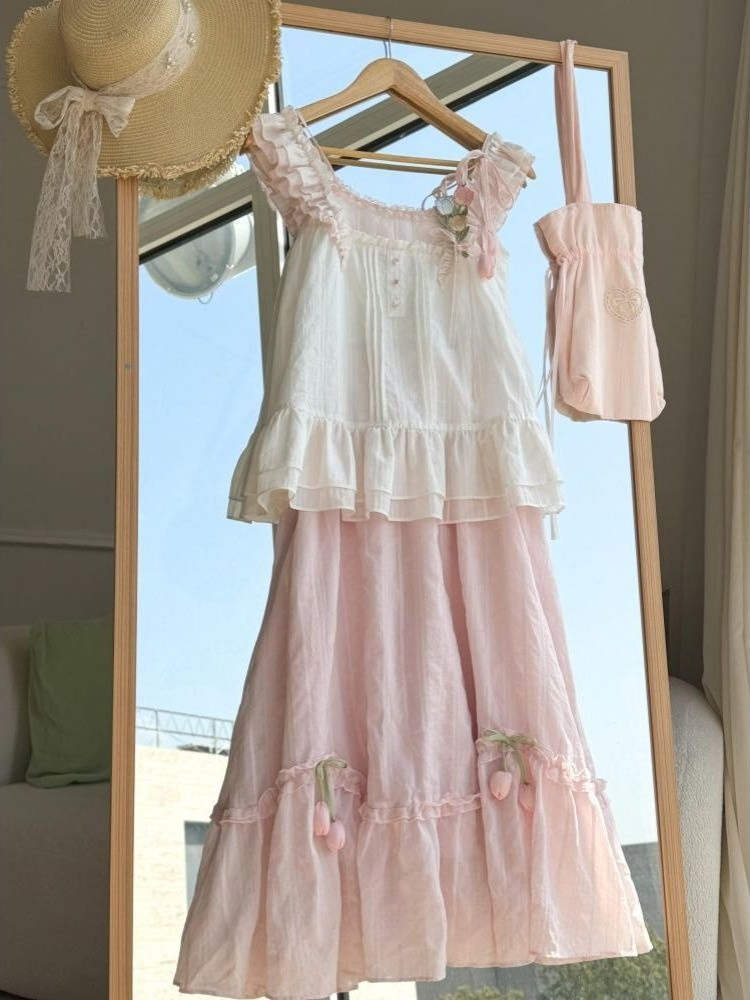 Lace Trim Cami - Sweet Kawaii Ruffle Trim 튤립 장식