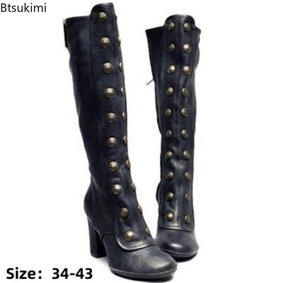 레트로 블랙 패션 리벳 장식 부츠 청키 힐 니하이 슬립 - Women'S Fashion Knee High Boots 리뷰 및 가격