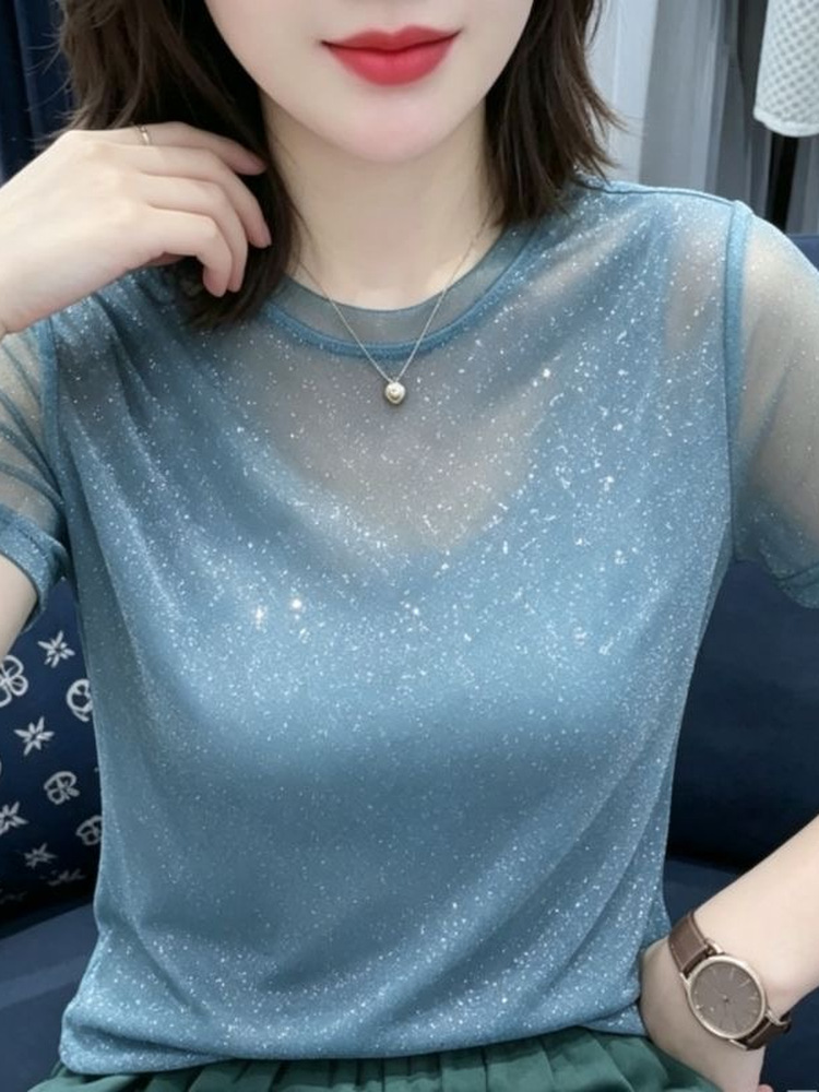 반짝이는 레이스 탄성 네트 민소매 라운드 넥 티셔츠 여 - Women Fashion Over The Years 리뷰 및 가격