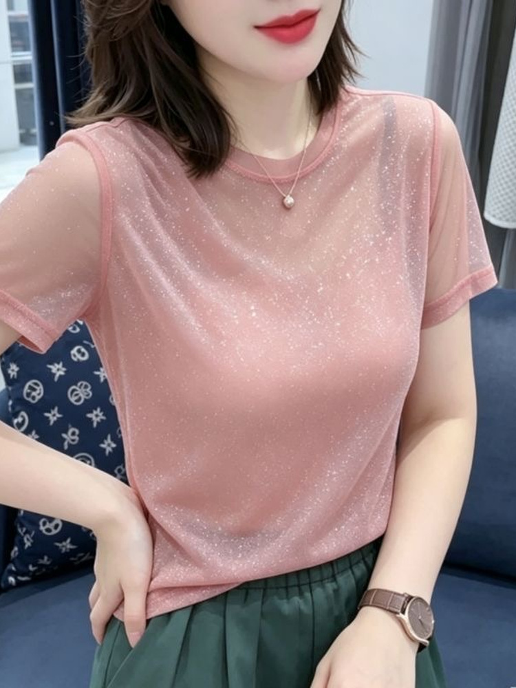 반짝이는 레이스 탄성 네트 민소매 라운드 넥 티셔츠 여 - Women Fashion Over The Years 리뷰 및 가격